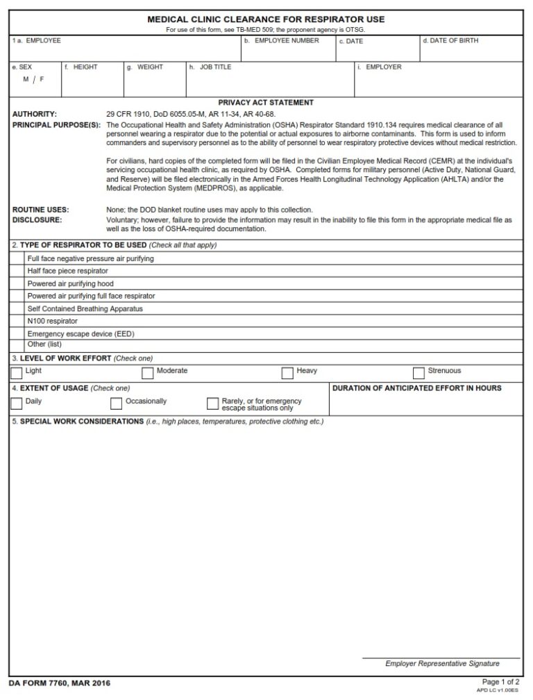 Da Form Medical Clinic Clearance For Respirator Use Free