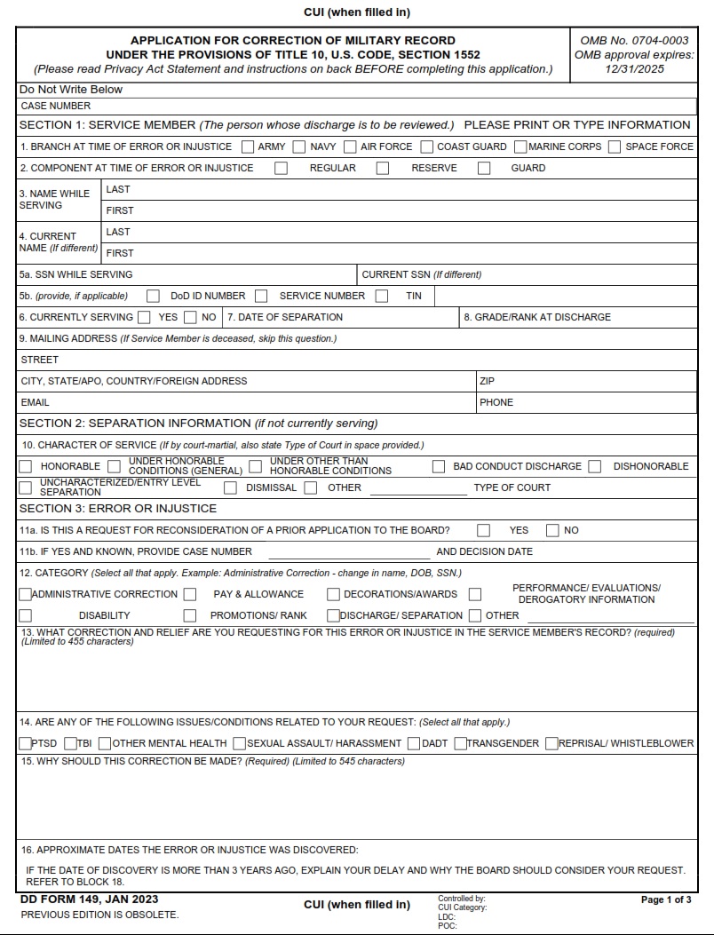 DD Form 149 Application For Correction Of Military Record Under The