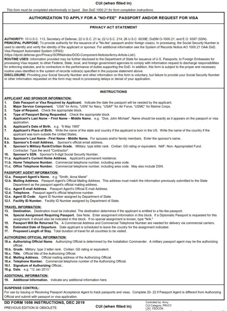 DD Form 1056 Authorization To APPLY For No Fee Passport And Or