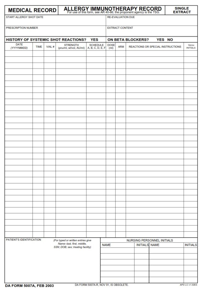 DA Form 5007A Medical Record Allergy Immunotherapy Record Single