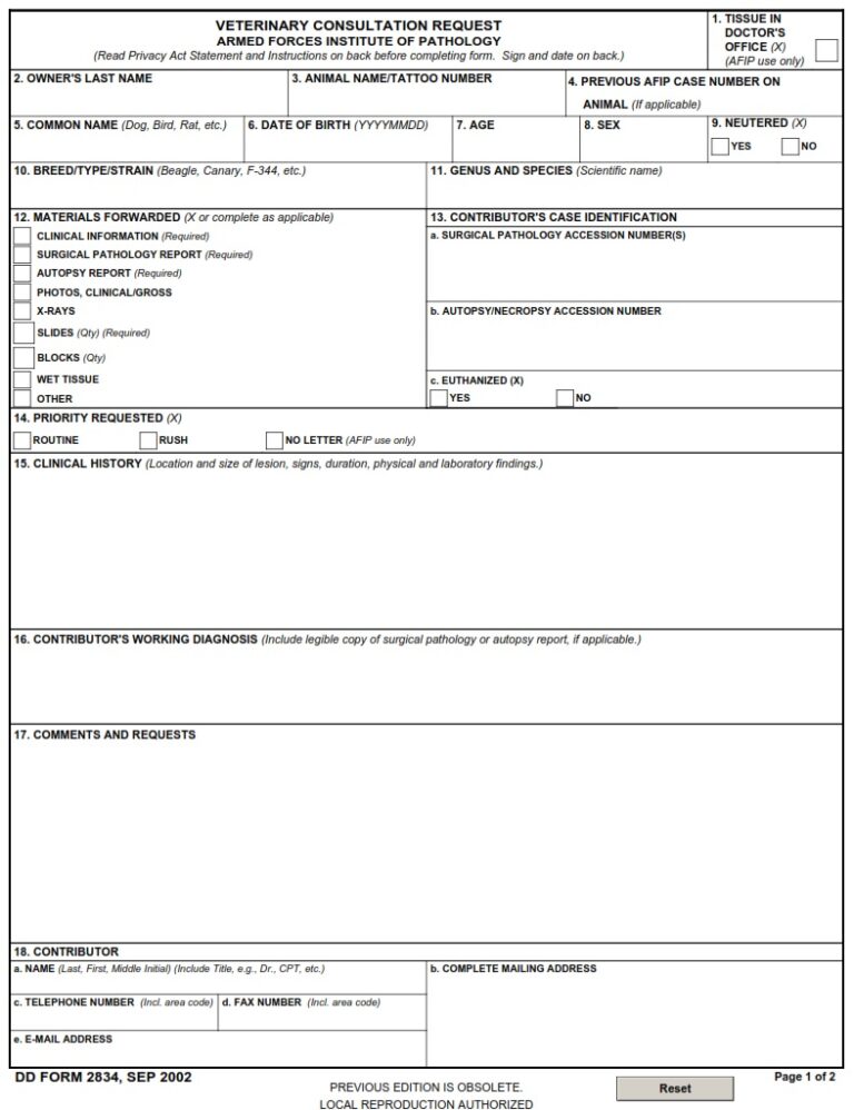 DD Form 2834 Veterinary Consultation Request Free Online Forms