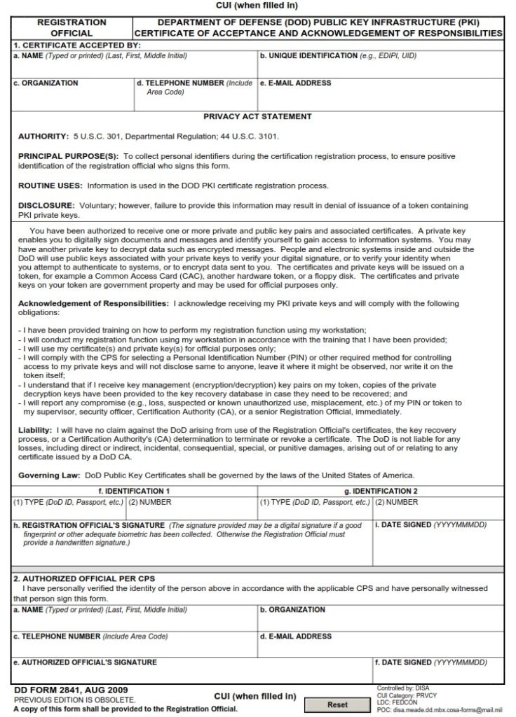 DD Form DoD Public Key Infrastructure PKI Registration