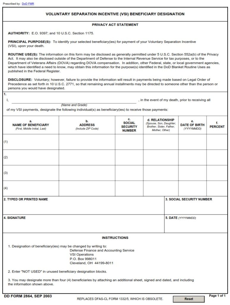 DD Form 2864 VSI Beneficiary Designation Free Online Forms