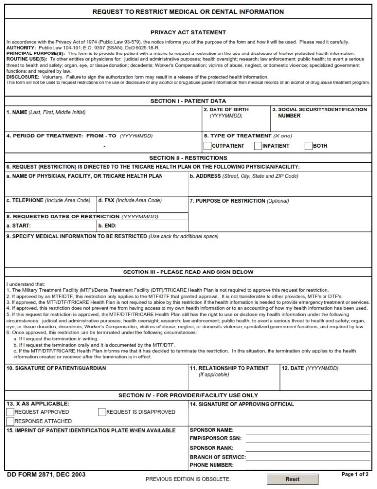 DD Form 2871 Request To Restrict Medical And Dental Information