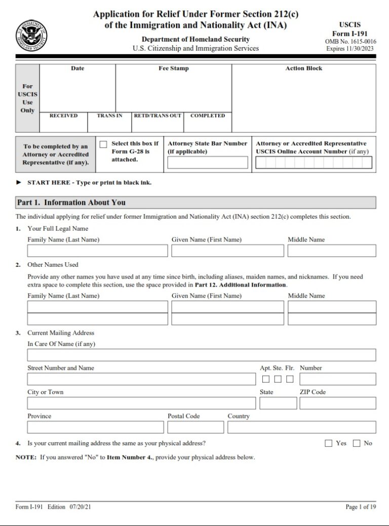 I-191 Form - Application For Relief Under Former Section 212(c) Of The 