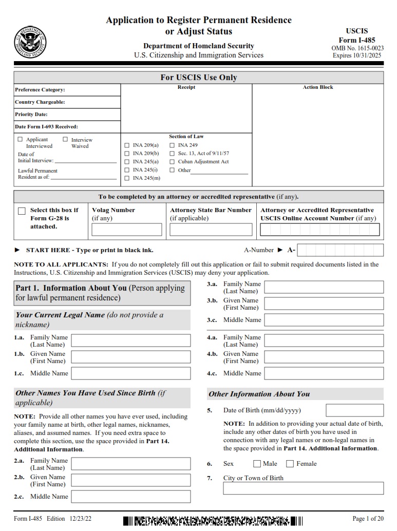 I-485 Form - Page 1