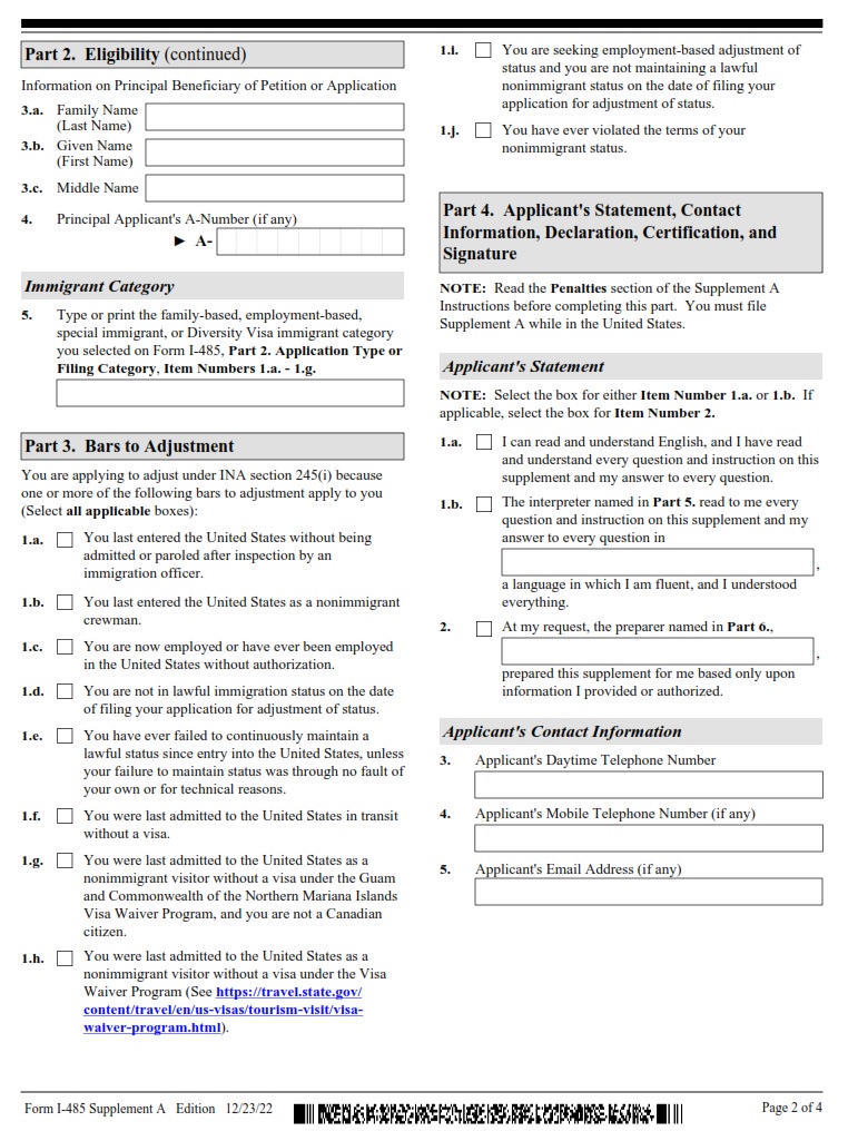 I-485 Supplement A Form - Page 2