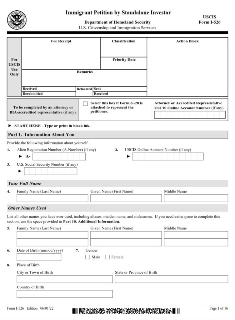 I526 Form Immigrant Petition By Standalone Investor Free Online Forms