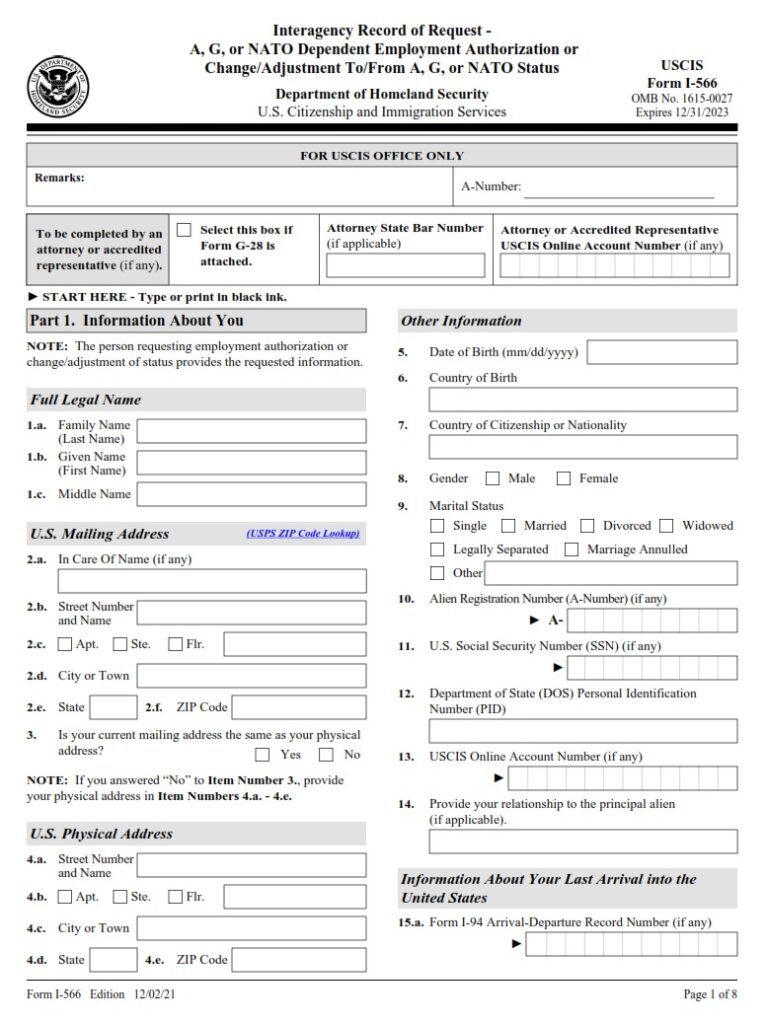 I-566 Form - Interagency Record Of Request -- A, G Or NATO Dependent ...