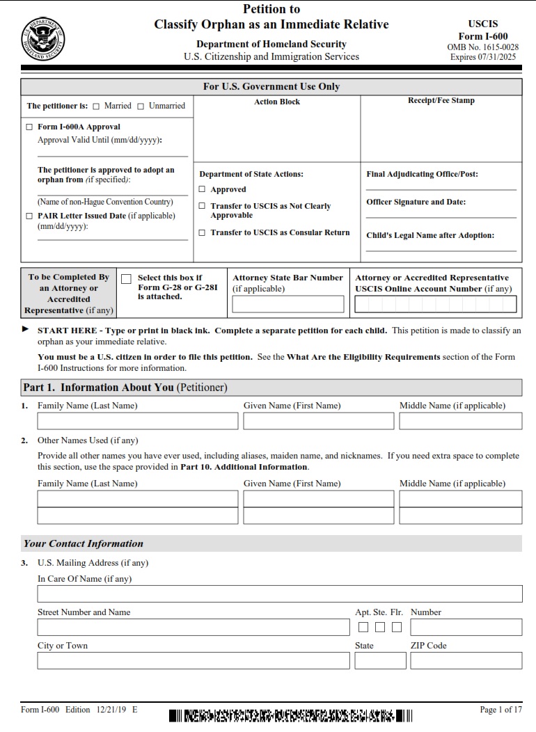 I-600 Form - Page 1