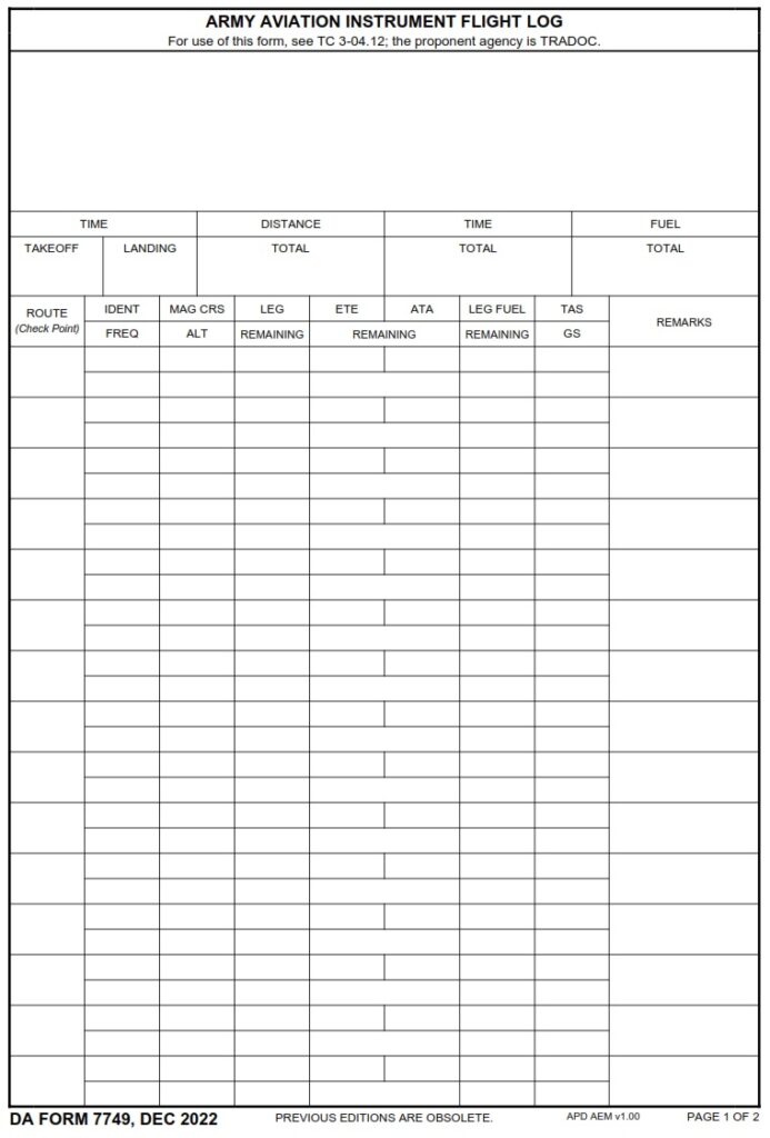 DA Form 7749 - Army Aviation Instrument Flight Log | Free Online Forms