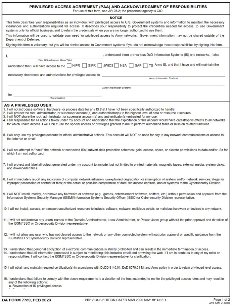 Da Form 7789 - Privileged Access Agreement (paa) And Acknowledgment Of 