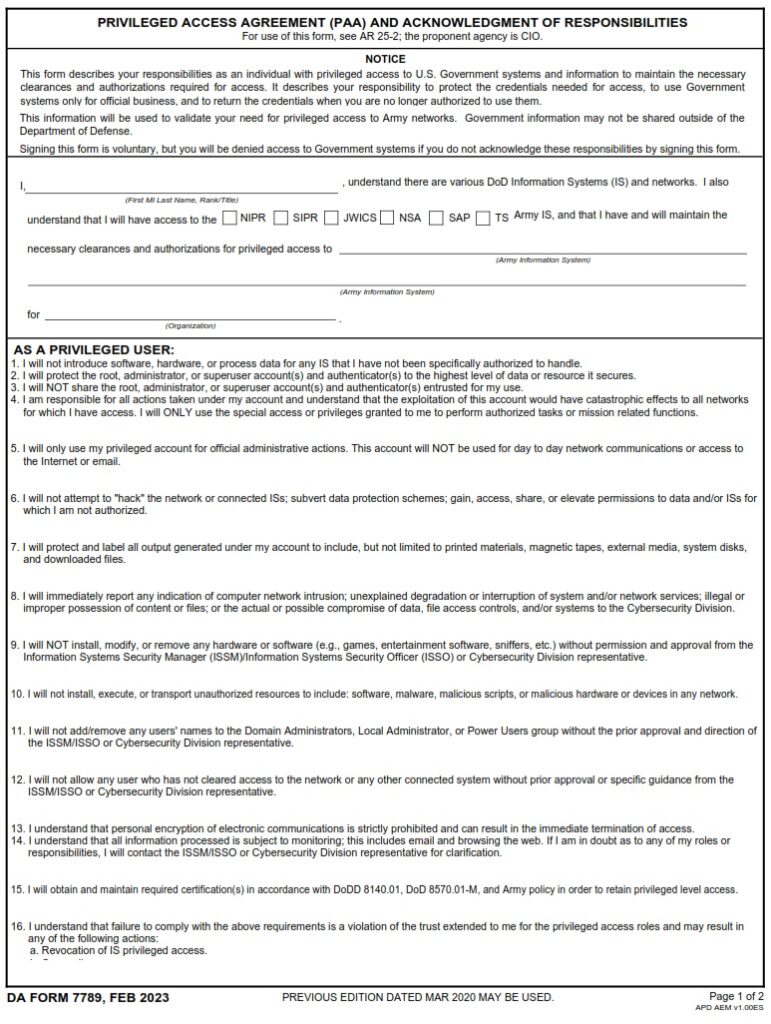 DA Form 7789 - Privileged Access Agreement (PAA) And Acknowledgment Of ...