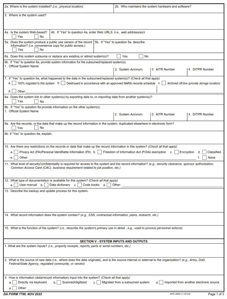 DA Form 7796 - Automated Information Systems (AIS) Questionnaire | Free ...