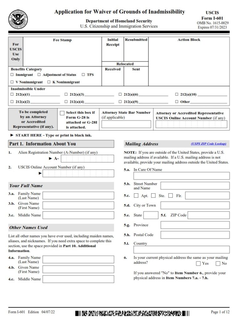 I-601 Form - Application For Waiver Of Grounds Of Inadmissibility ...