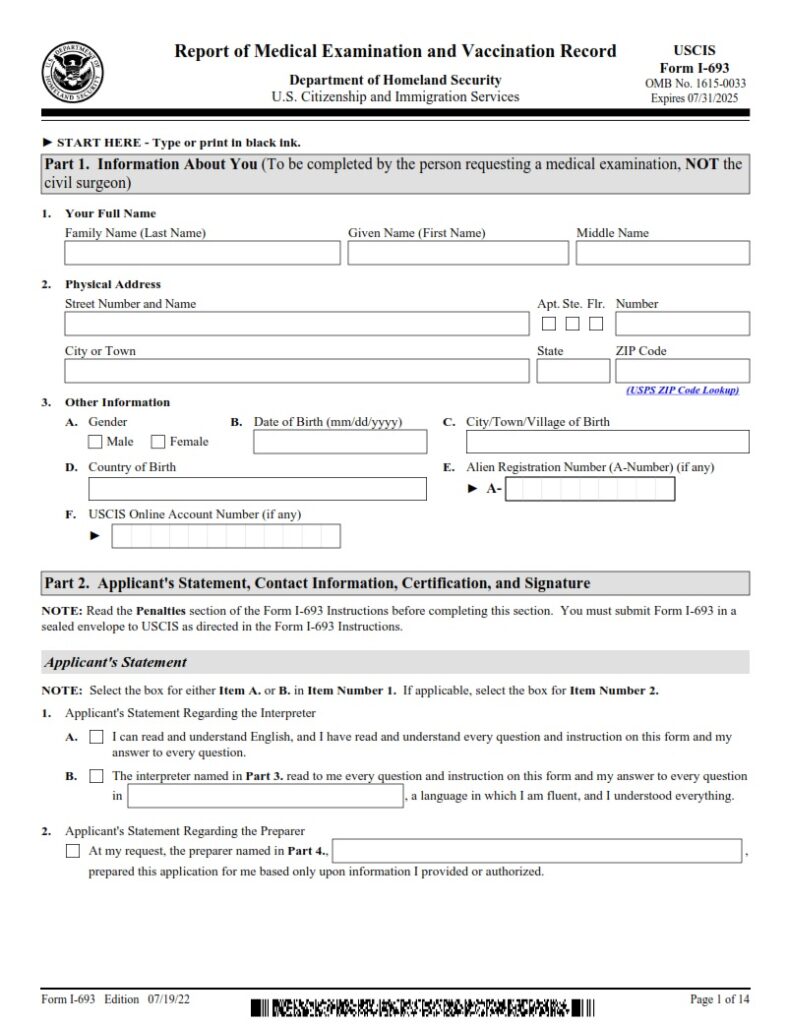 I-693 Form - Report Of Medical Examination And Vaccination Record ...