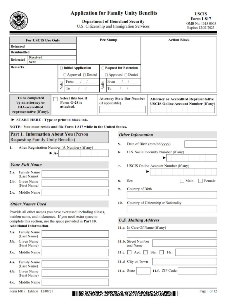 I-817 Form - Application For Family Unity Benefits | Free Online Forms