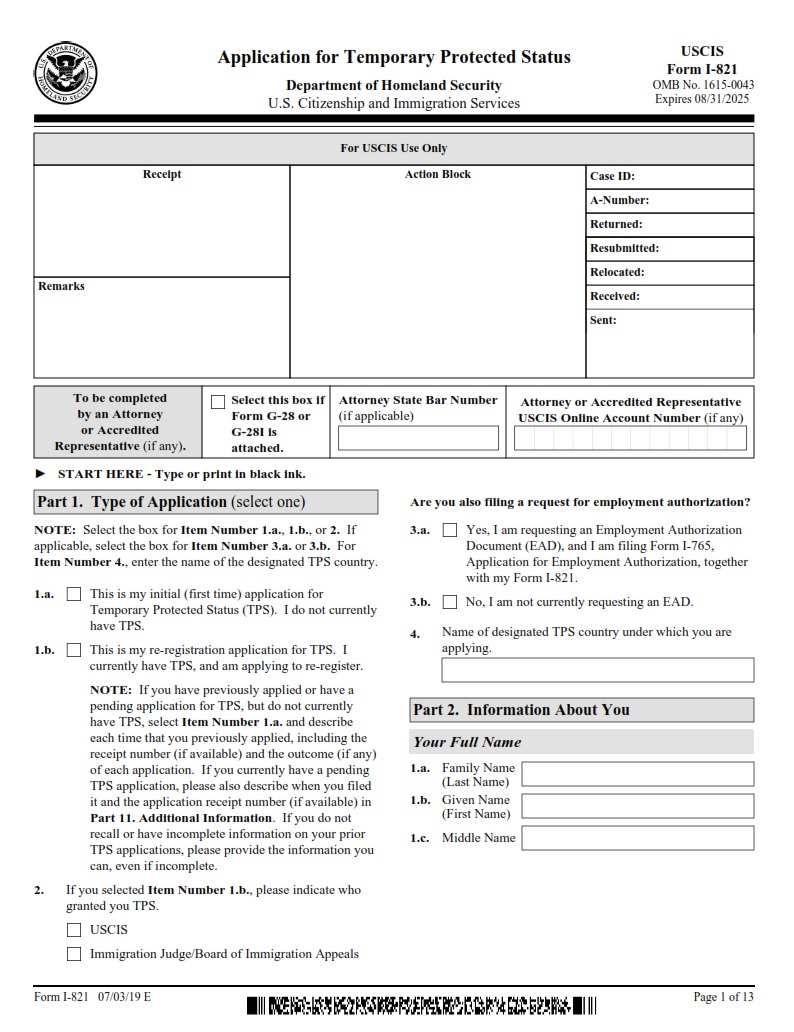 I-821 Form - Page 1
