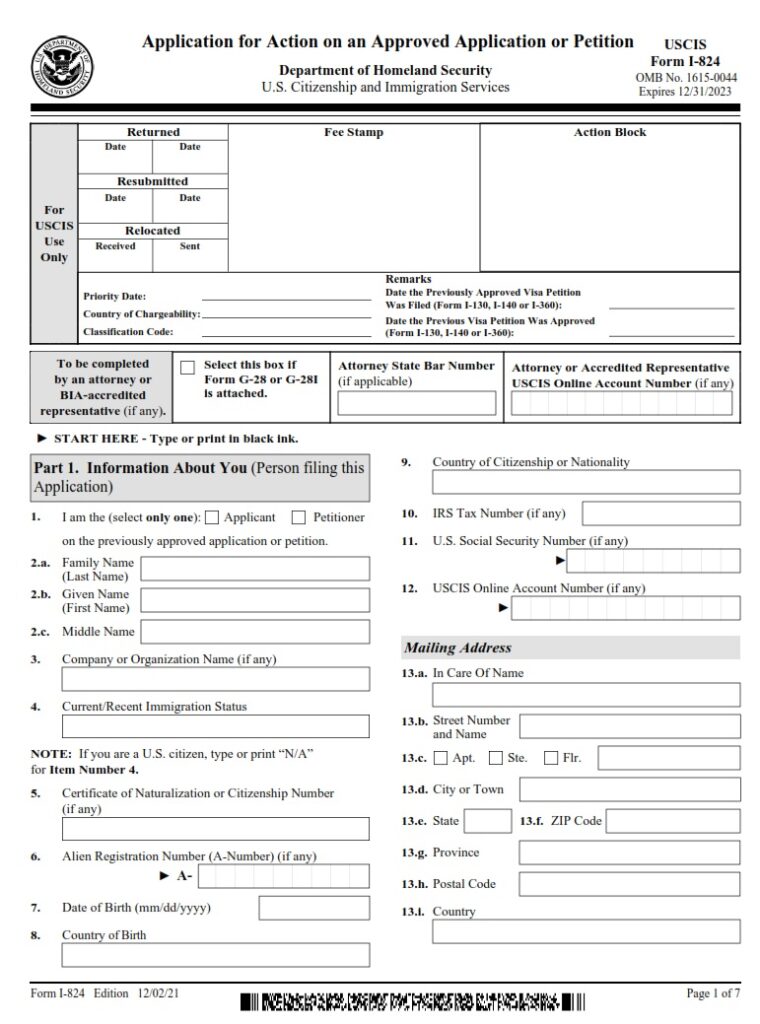 I-824 Form - Application For Action On An Approved Application Or ...