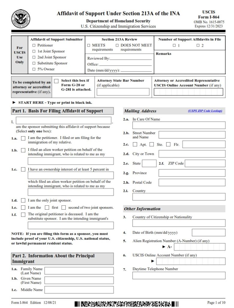 I-864 Form - Affidavit Of Support Under Section 213A Of The INA | Free ...