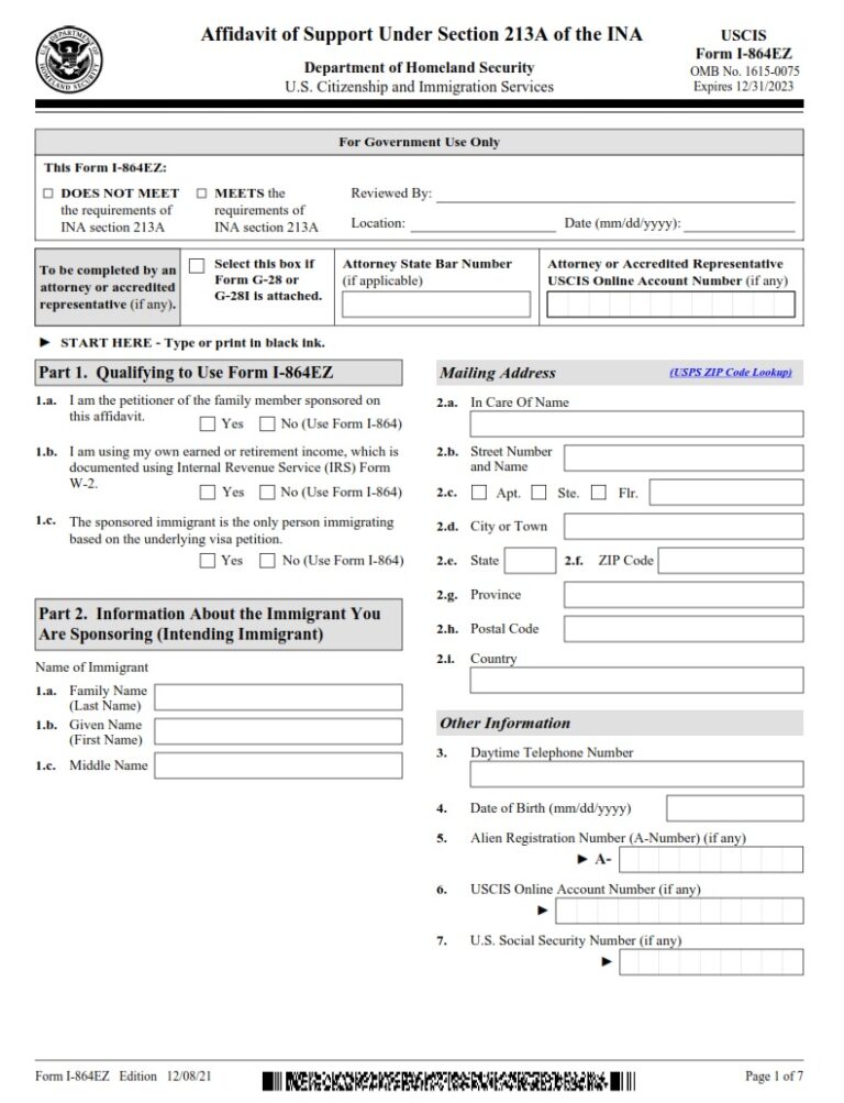 I-864EZ Form - Affidavit Of Support Under Section 213A Of The Act ...