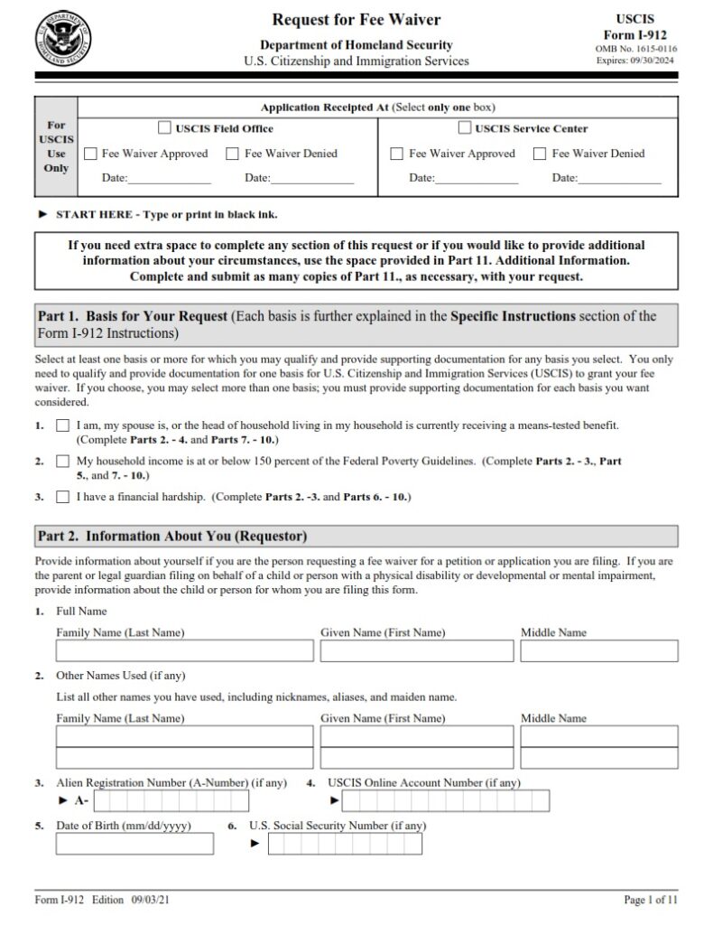 I-912 Form - Request For Fee Waiver - Filing The I-912 Form | Free ...