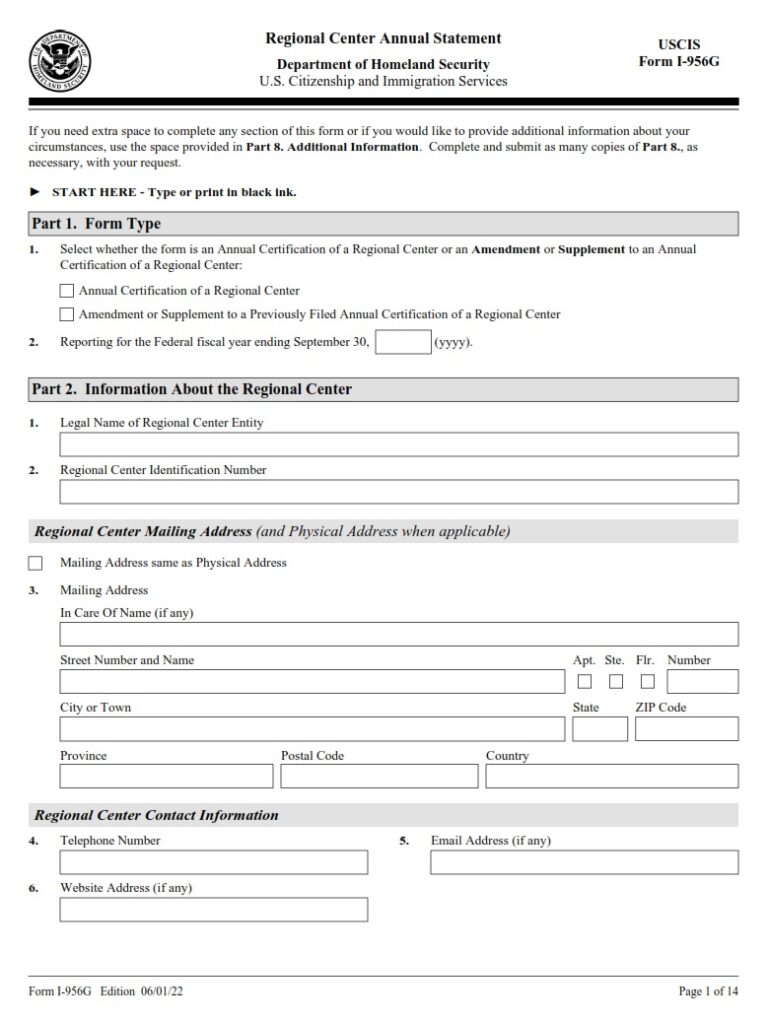 I 956G Form Regional Center Annual Statement Free Online Forms