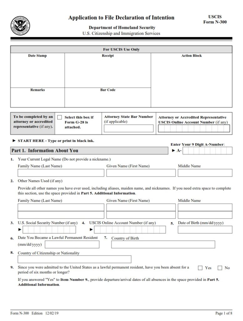 N-300 Form - Application To File Declaration Of Intention | Free Online ...