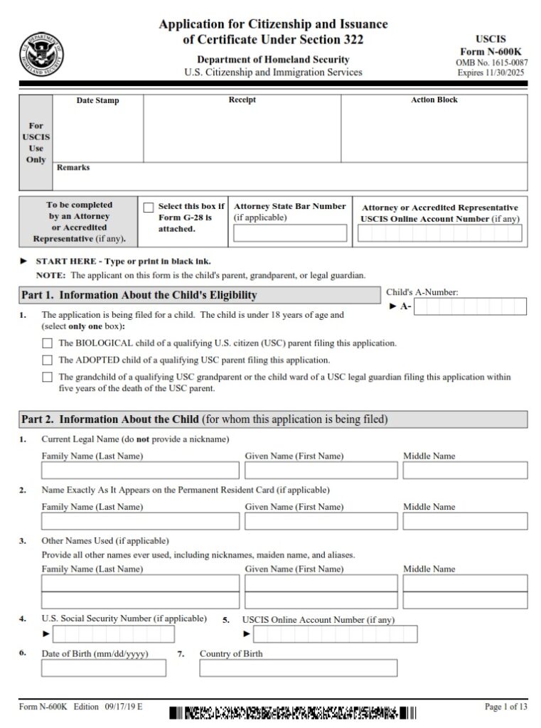 N 600K Form Application For Citizenship And Issuance Of Certificate