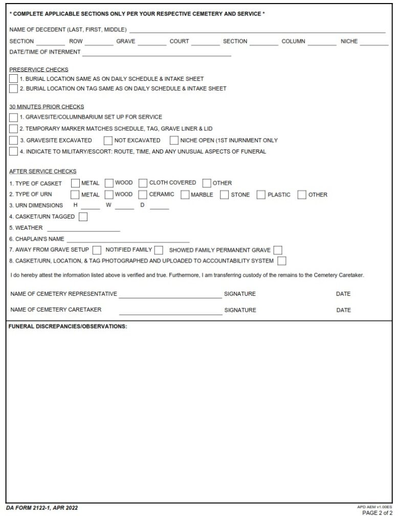 DA Form 2122-1 - Statement Of Compliance, Transfer Of Custody, And ...