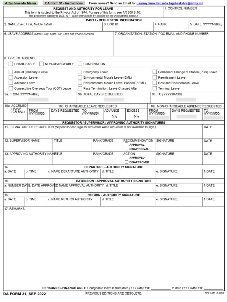 DA Form 31 - Request And Authority For Leave | Free Online Forms