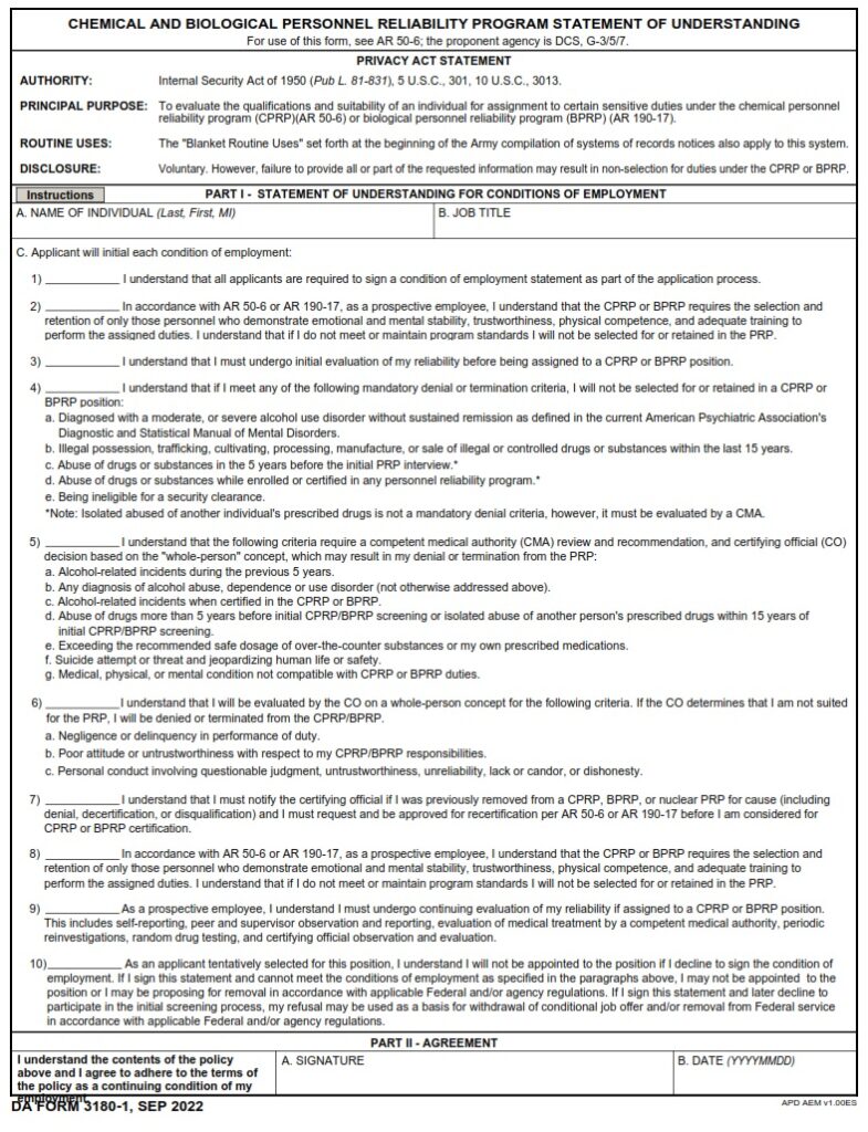 Da Form 3180-1 - Chemical And Biological Personnel Reliability Program 