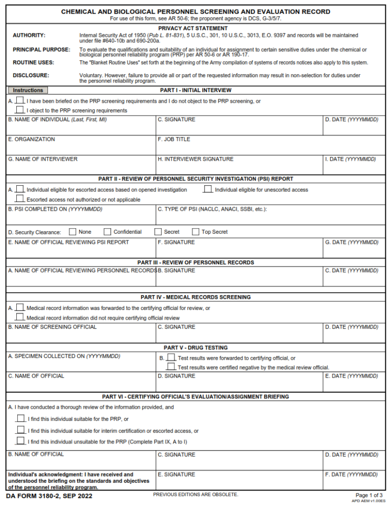 DA Form 3180-2 - Chemical And Biological Personnel Screening And ...