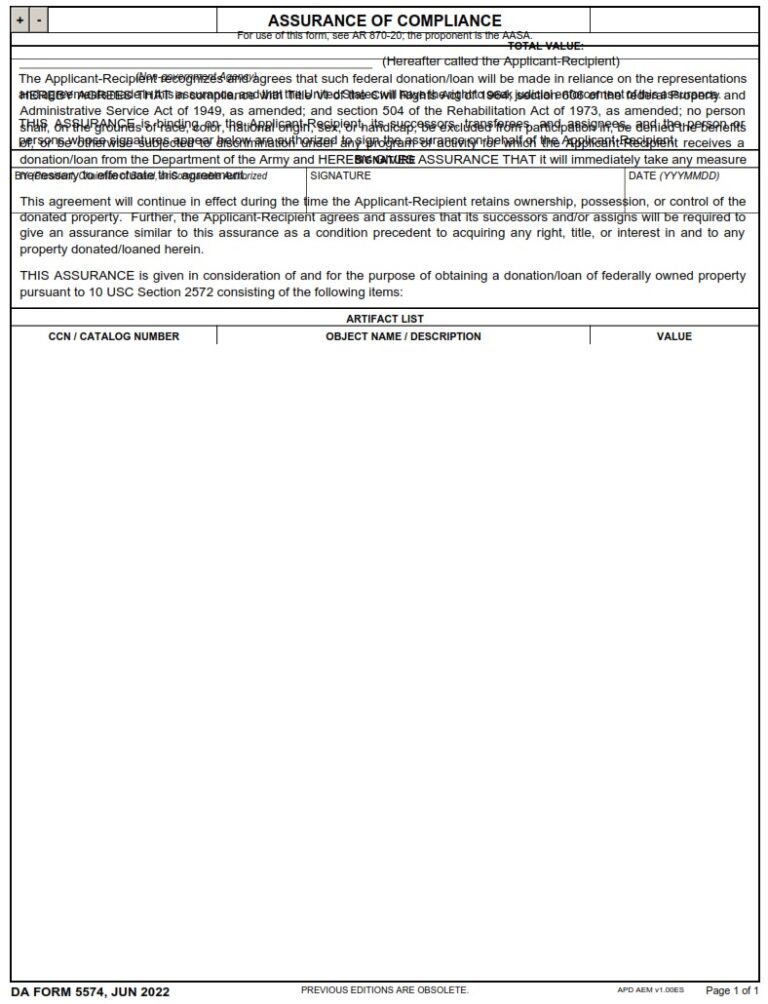 DA Form 5574 - Assurance Of Compliance | Free Online Forms
