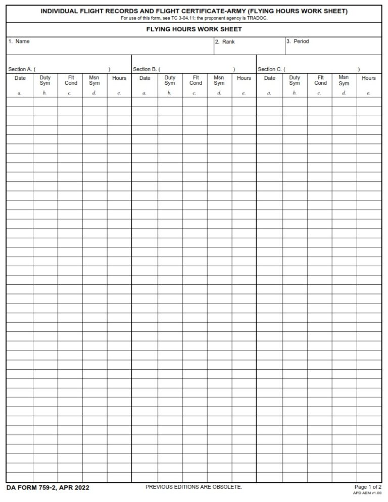 DA Form 759-2 - Individual Flight Records And Flight Certificate-Army ...