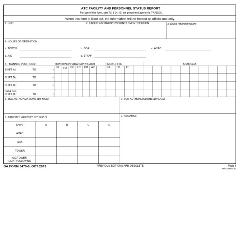 DA Form 3479-6 - ATC Facility And Personnel Status Report | Free Online ...