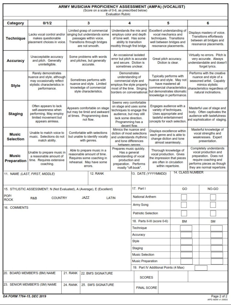 DA Form 7764-15 - Army Musician Proficiency Assessment (AMPA) (Vocalist ...