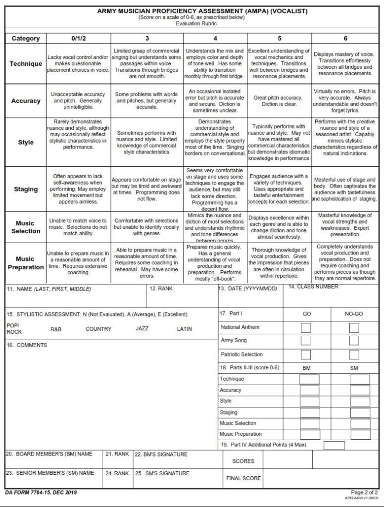 DA Form 7764-15 - Army Musician Proficiency Assessment (AMPA) (Vocalist ...