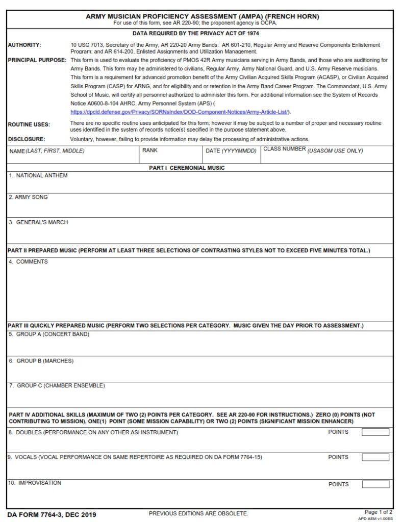 DA Form 7764-3 - Army Musician Proficiency Assessment (AMPA) (French ...