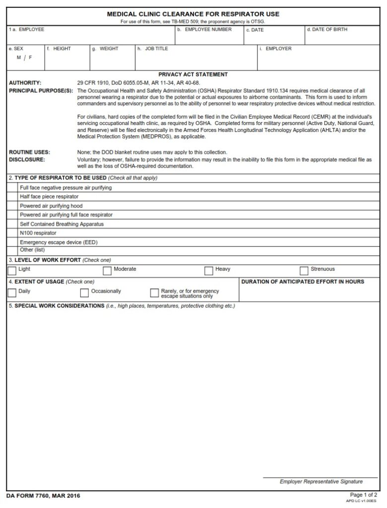 DA Form 7760 - Medical Clinic Clearance For Respirator Use | Free ...