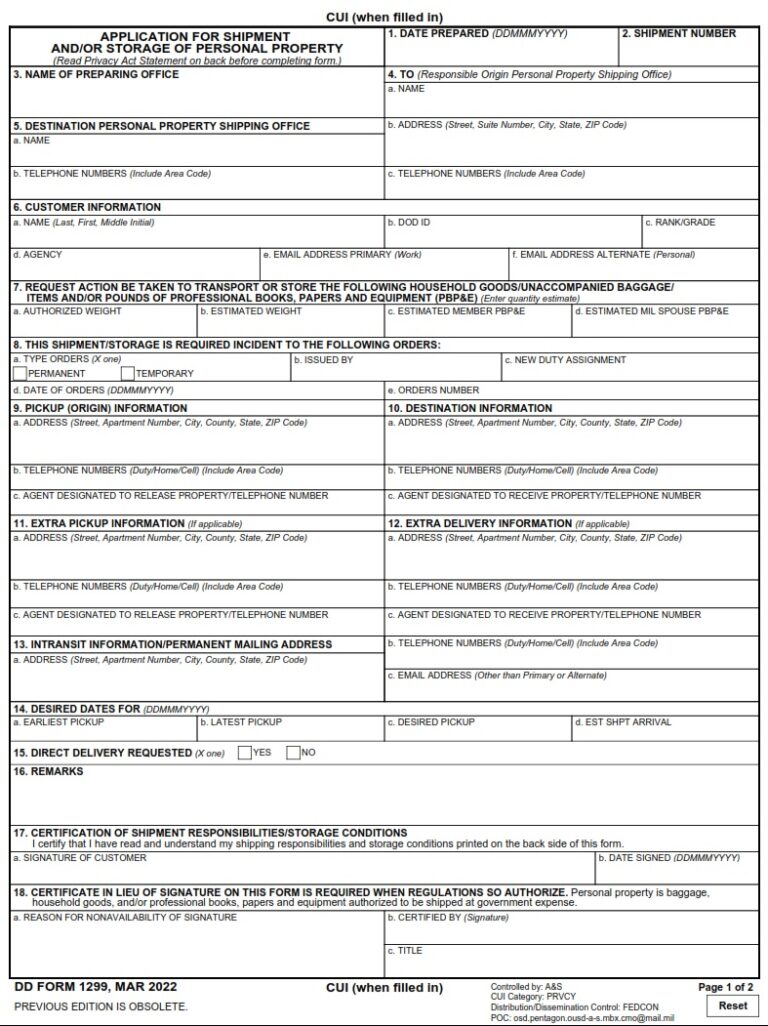 DD Form 1299 - Application For Shipment And/or Storage Of Personal ...