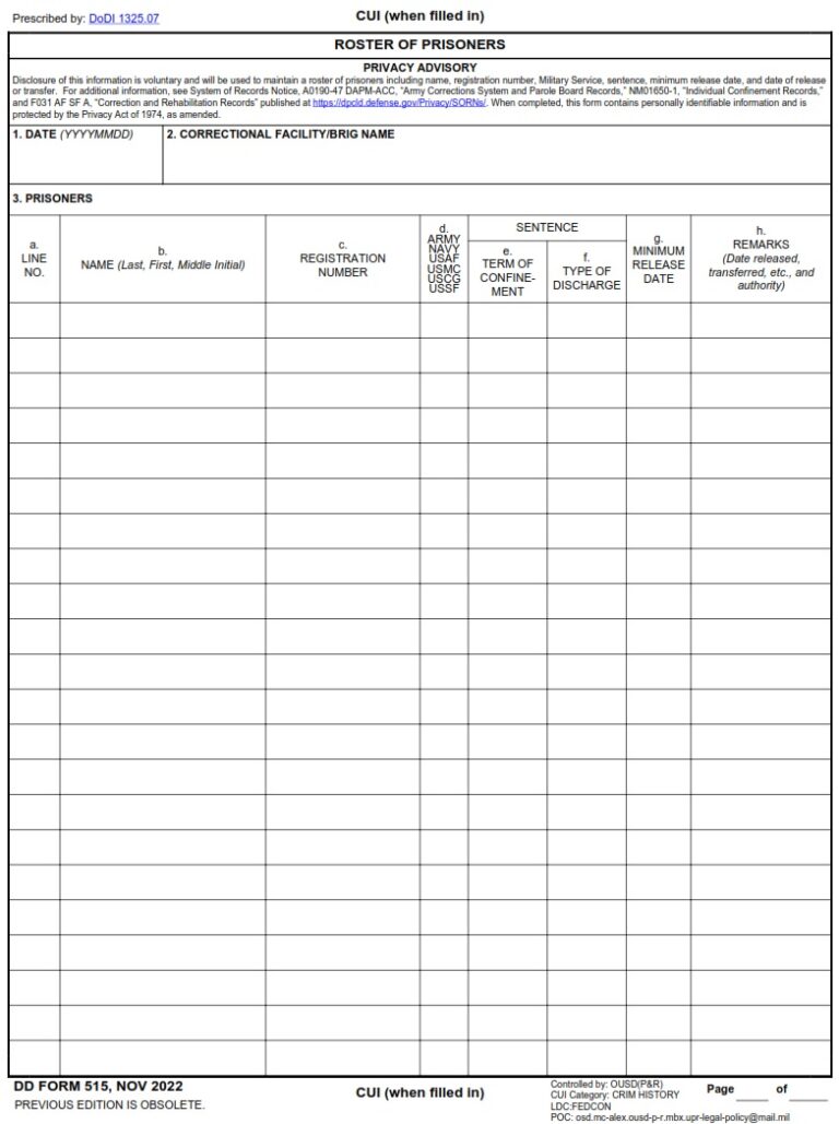 Dd Form 515 - Roster Of Prisoners 