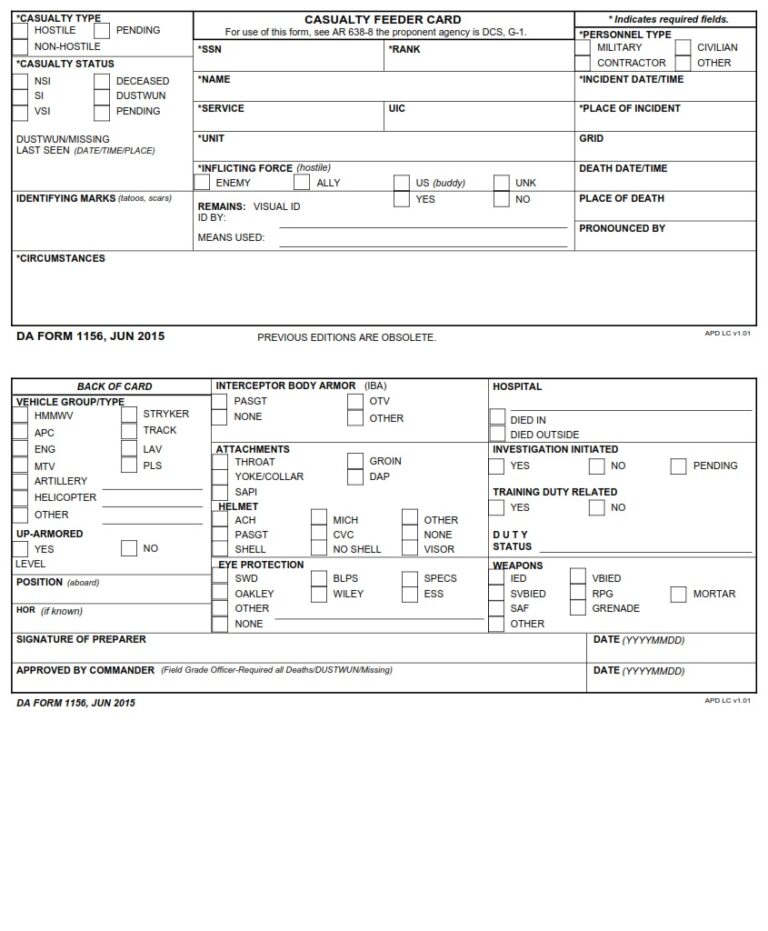 DA Form 1156 - Casualty Feeder Card | Free Online Forms