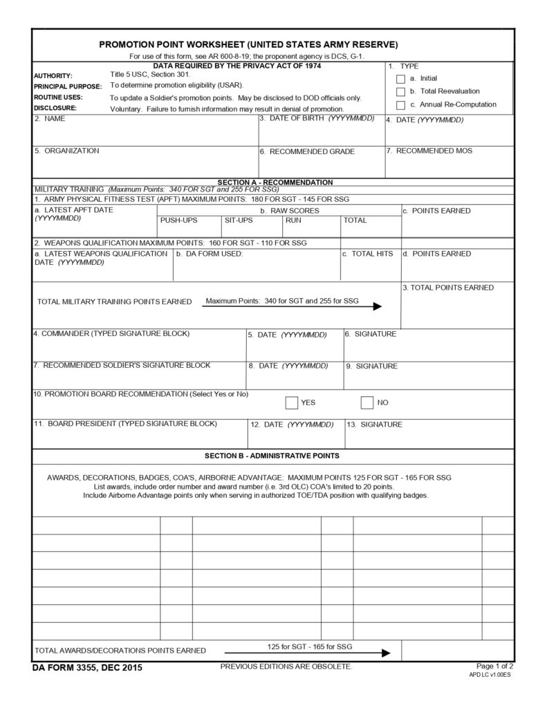 DA Form 3355 - Promotion Point Worksheet (United States Army Reserve ...