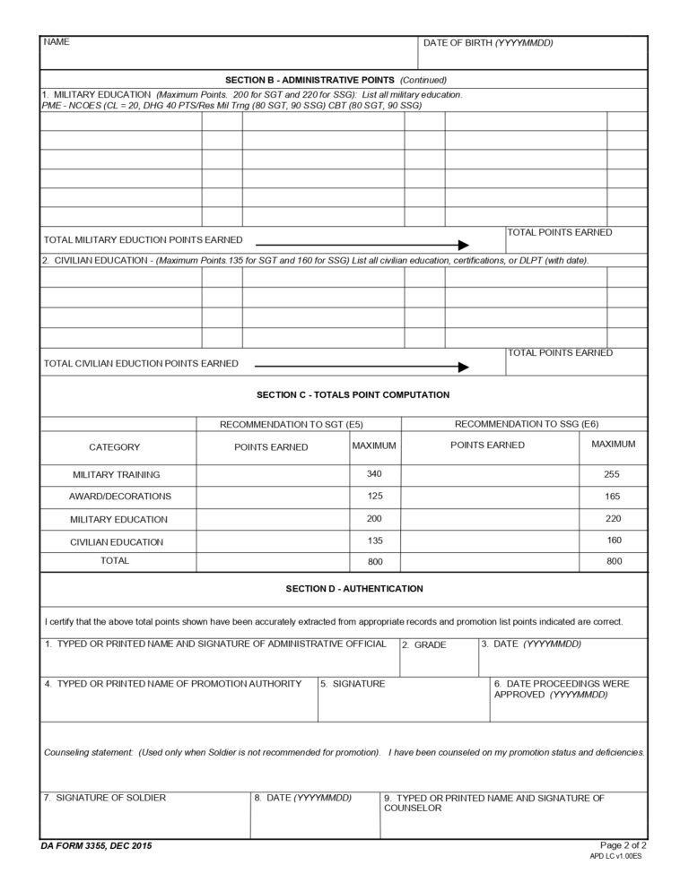 DA Form 3355 - Promotion Point Worksheet (United States Army Reserve ...