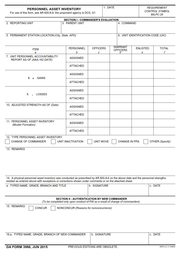 DA Form 3986 Personnel Asset Inventory Free Online Forms