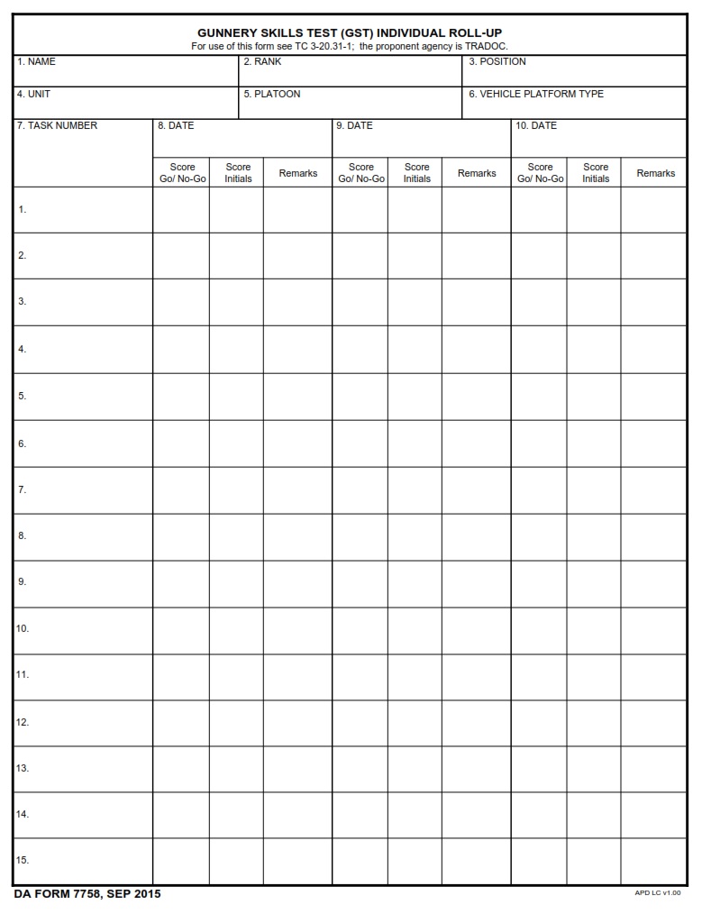 DA Form 7758 - Gunnery Skills Test (GST) Individual Roll-Up | Free ...