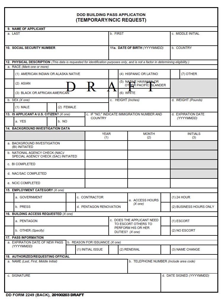 DD Form 2249 Pentagon Facilities Access Enrollment Form Free Online