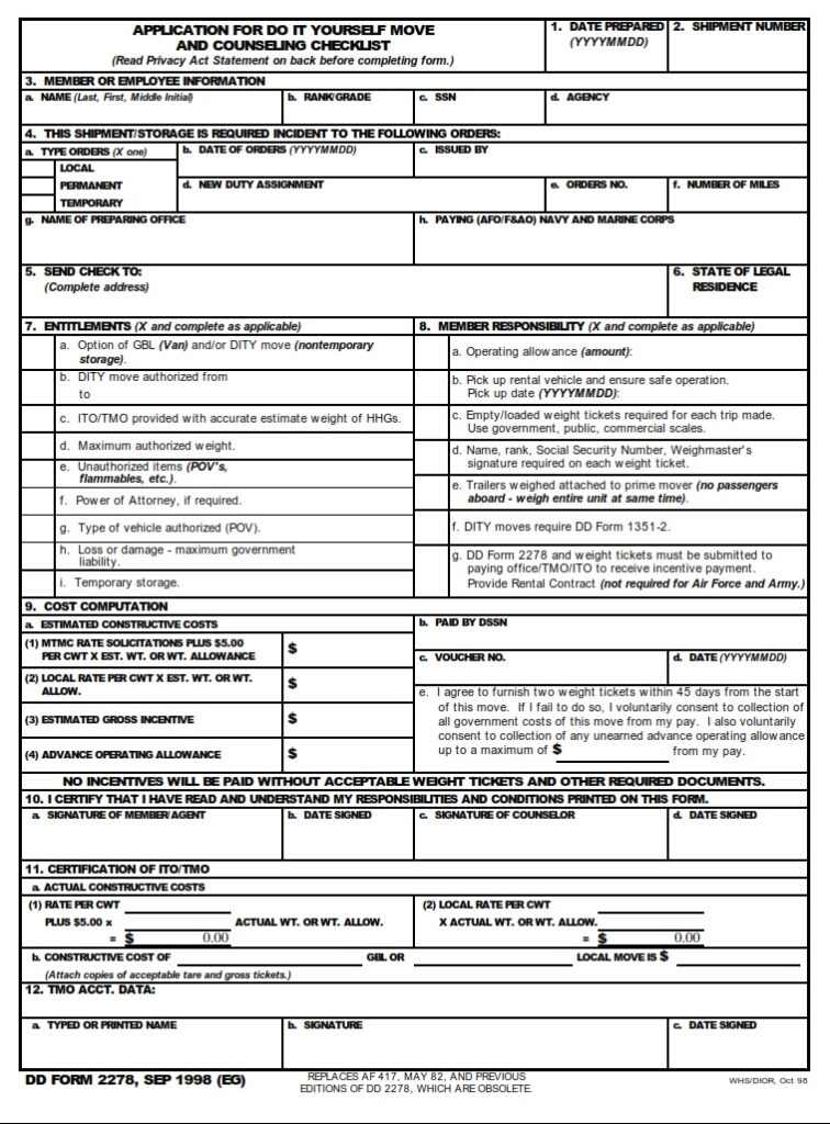 DD Form 2278 - Application For Personally Procured Move And Counseling ...