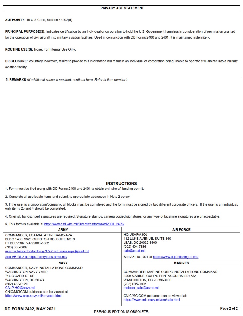 DD Form 2402 Civil Aircraft Hold Harmless Agreement Free Online Forms